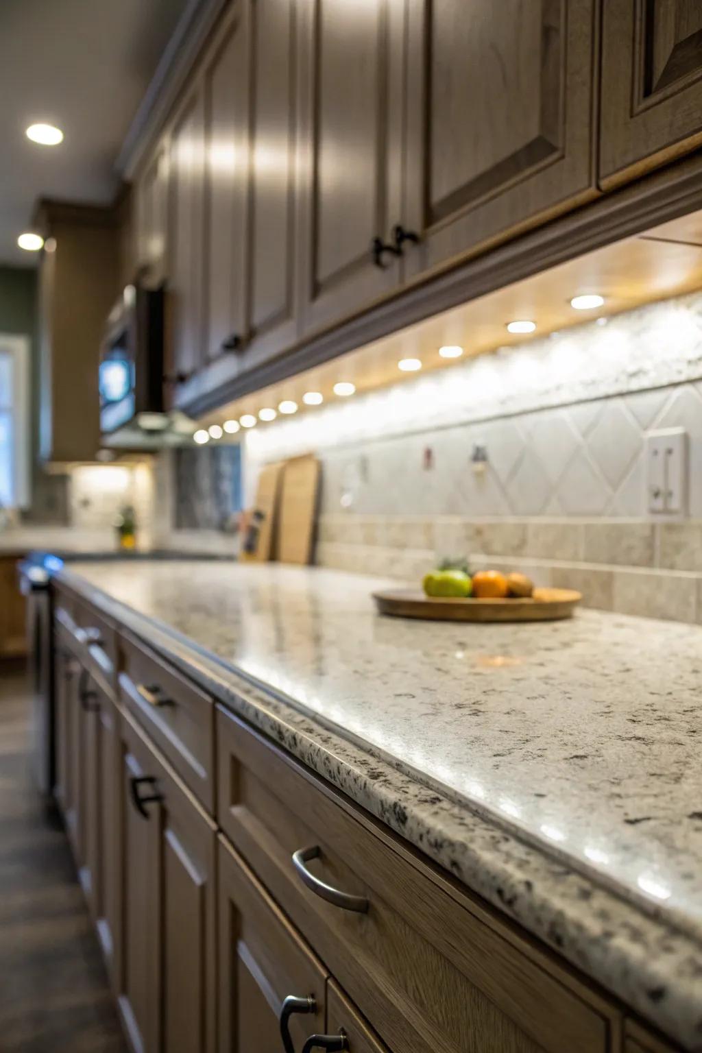 Adjustable lamps permit personalized focus on designated kitchen areas.