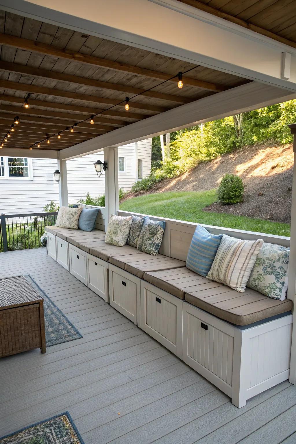Weather-proof benches act as both seating and storage for a convenient outdoor remedy.