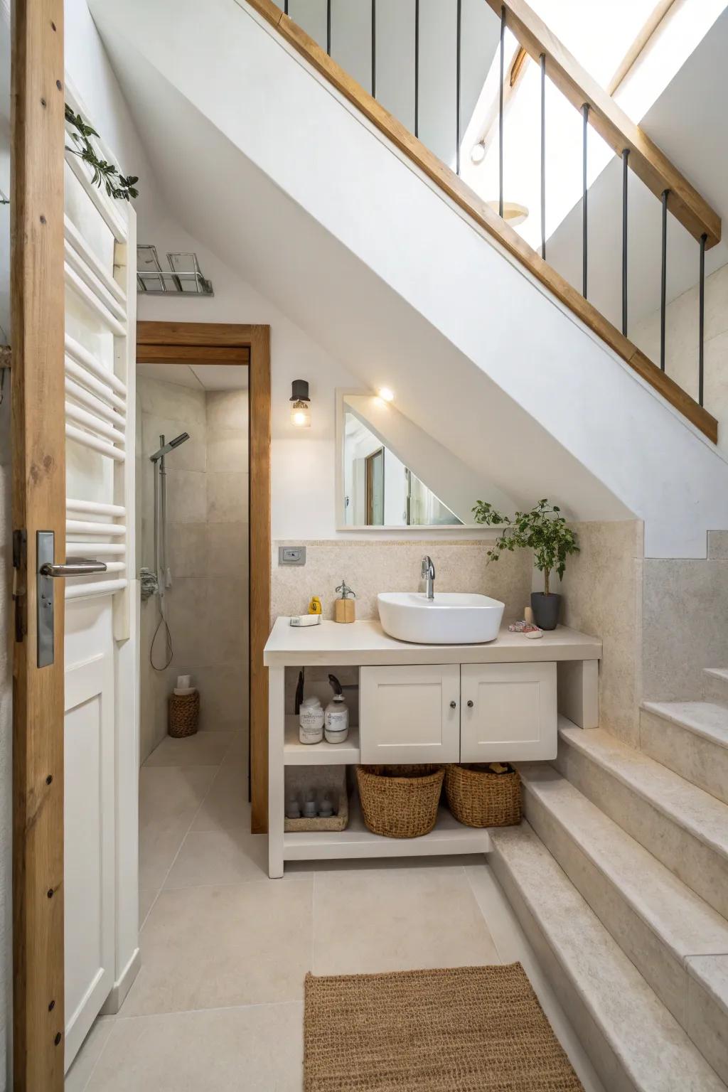 A minimalist below-stairs washroom with sharp lines and an uncluttered look.