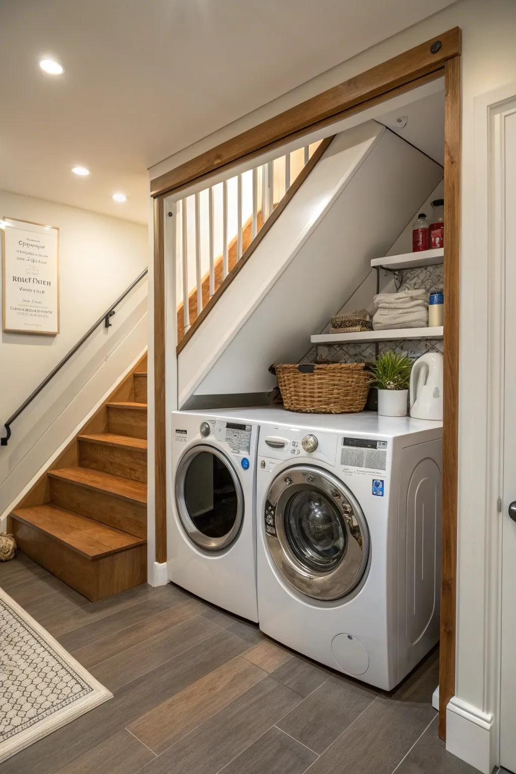 A streamlined laundry center effectively harnesses the area beneath the staircase.