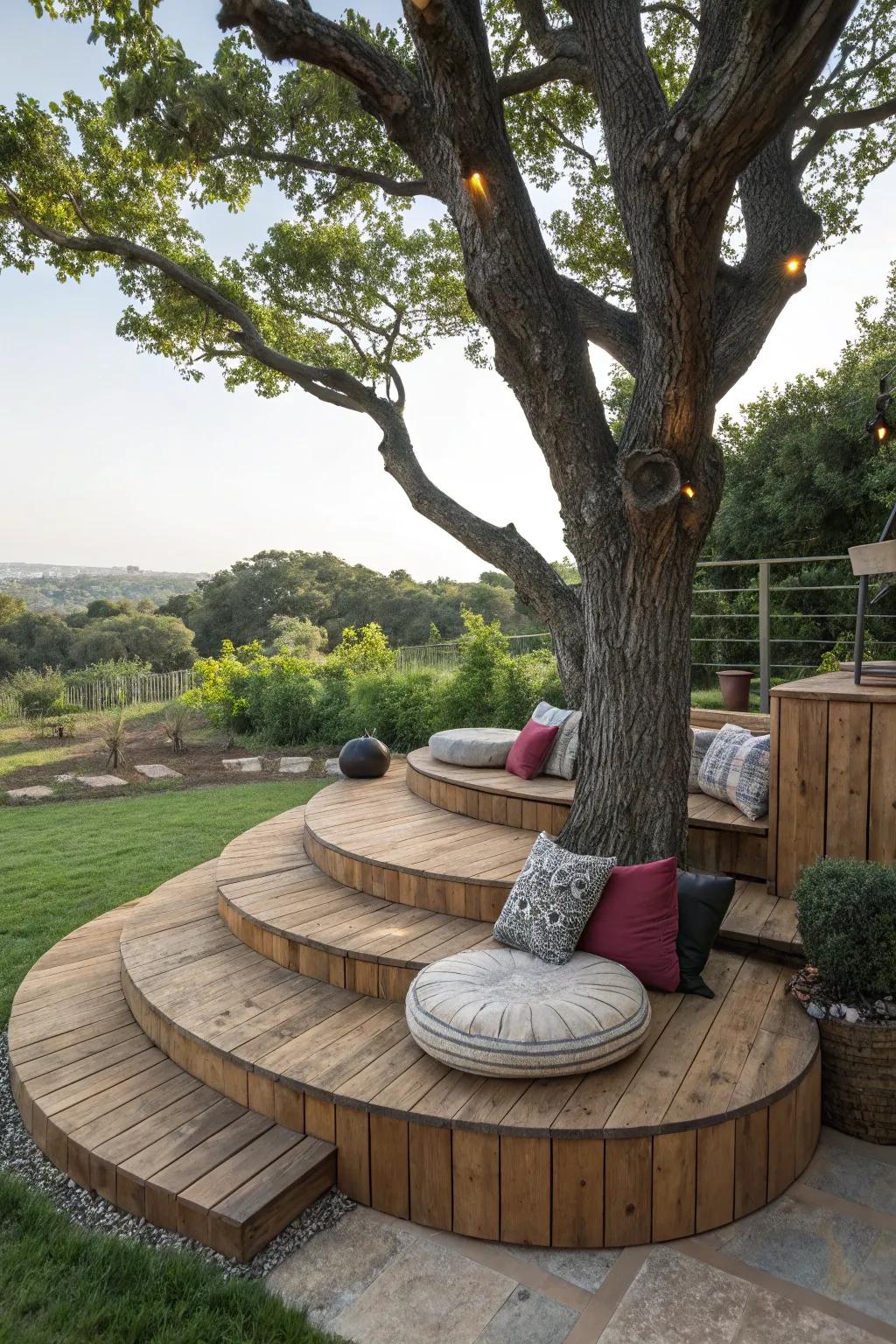 Tiered platforms deliver a distinctive seating event beneath the tree.