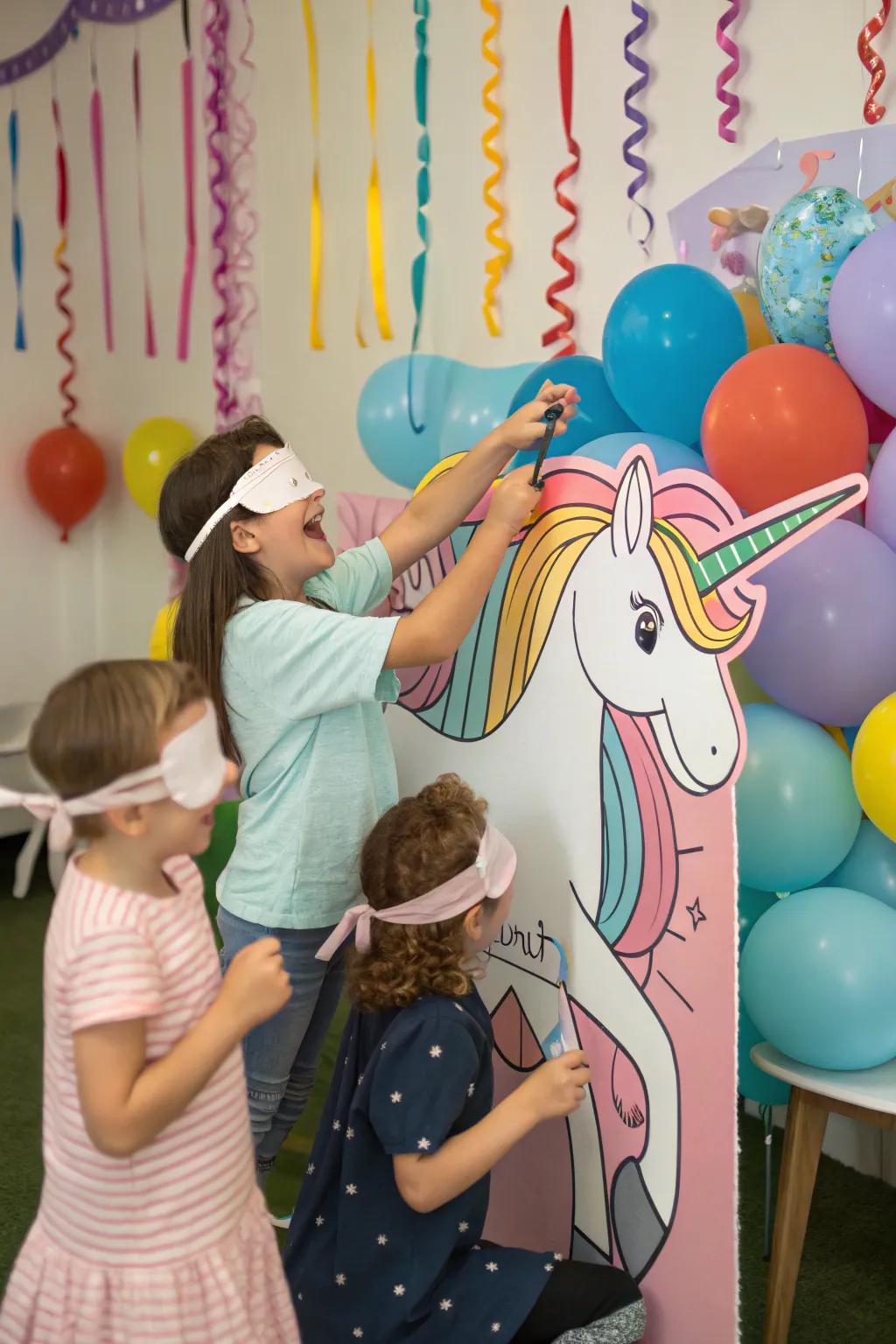 Kids enjoying a classic 'Pin the Horn on the Unicorn' game.