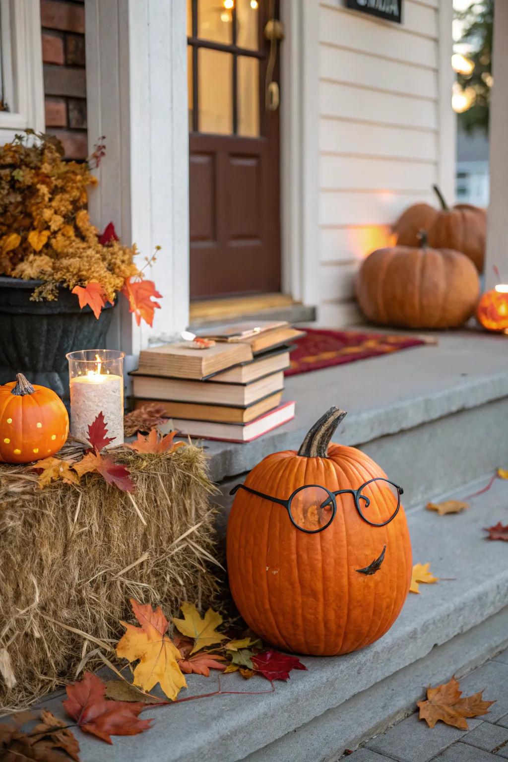 A pumpkin sporting eyeglasses for a scholarly appearance.