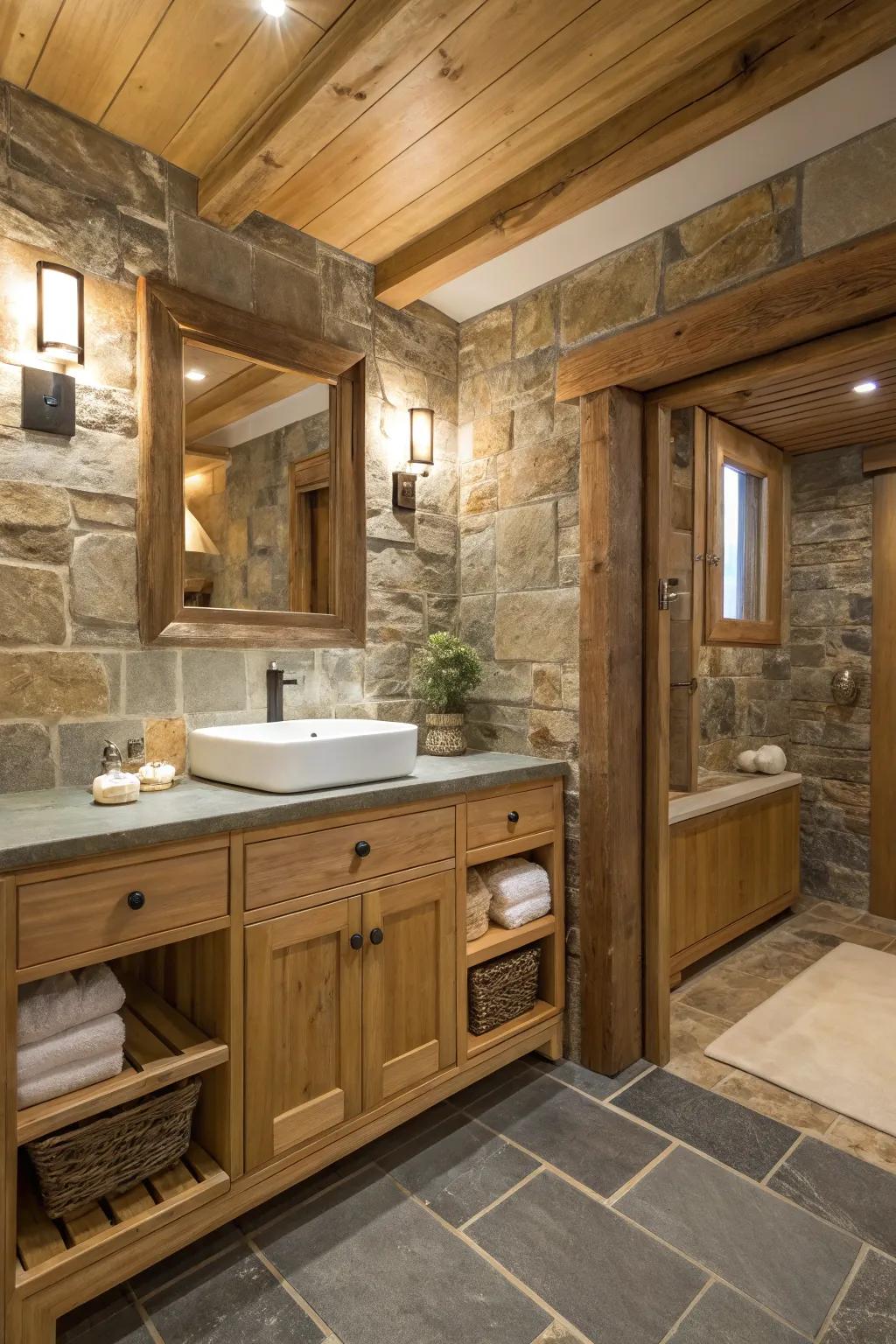 Inherent textures introduce comfort and depth to the bathroom.
