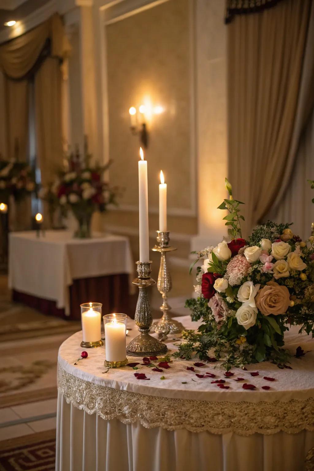 Muted lighting establishes a comforting aura for this interior unity candle platform.