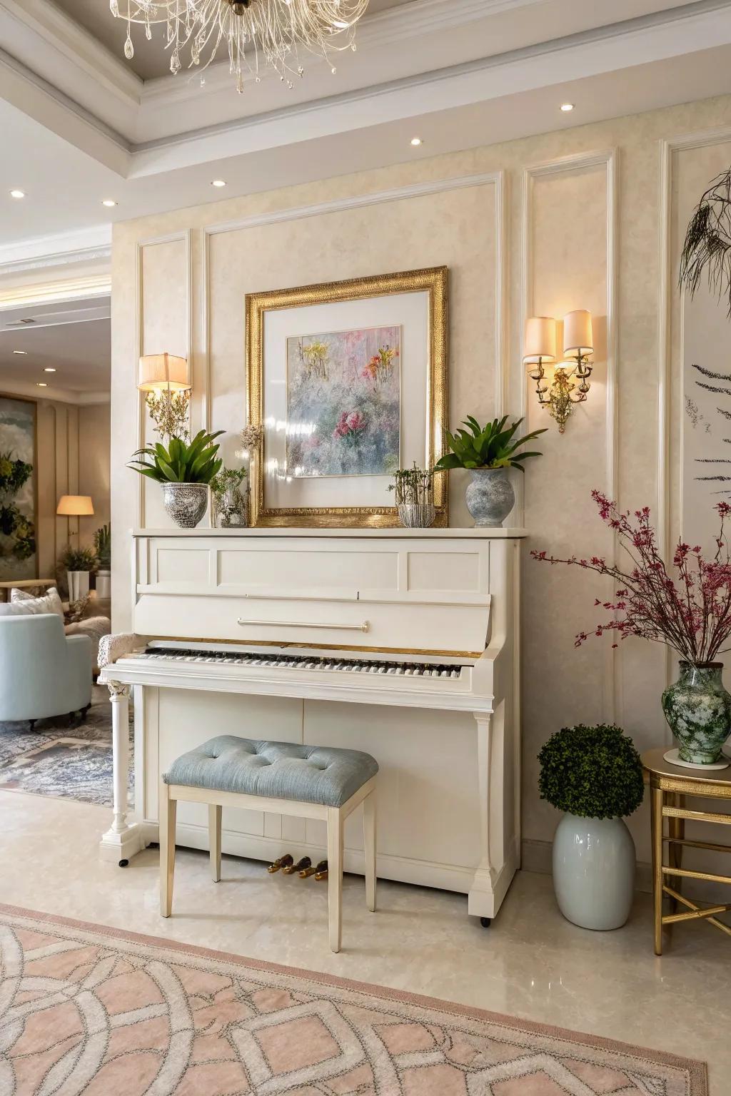 A chic room featuring an upright piano area styled with a unified color scheme.