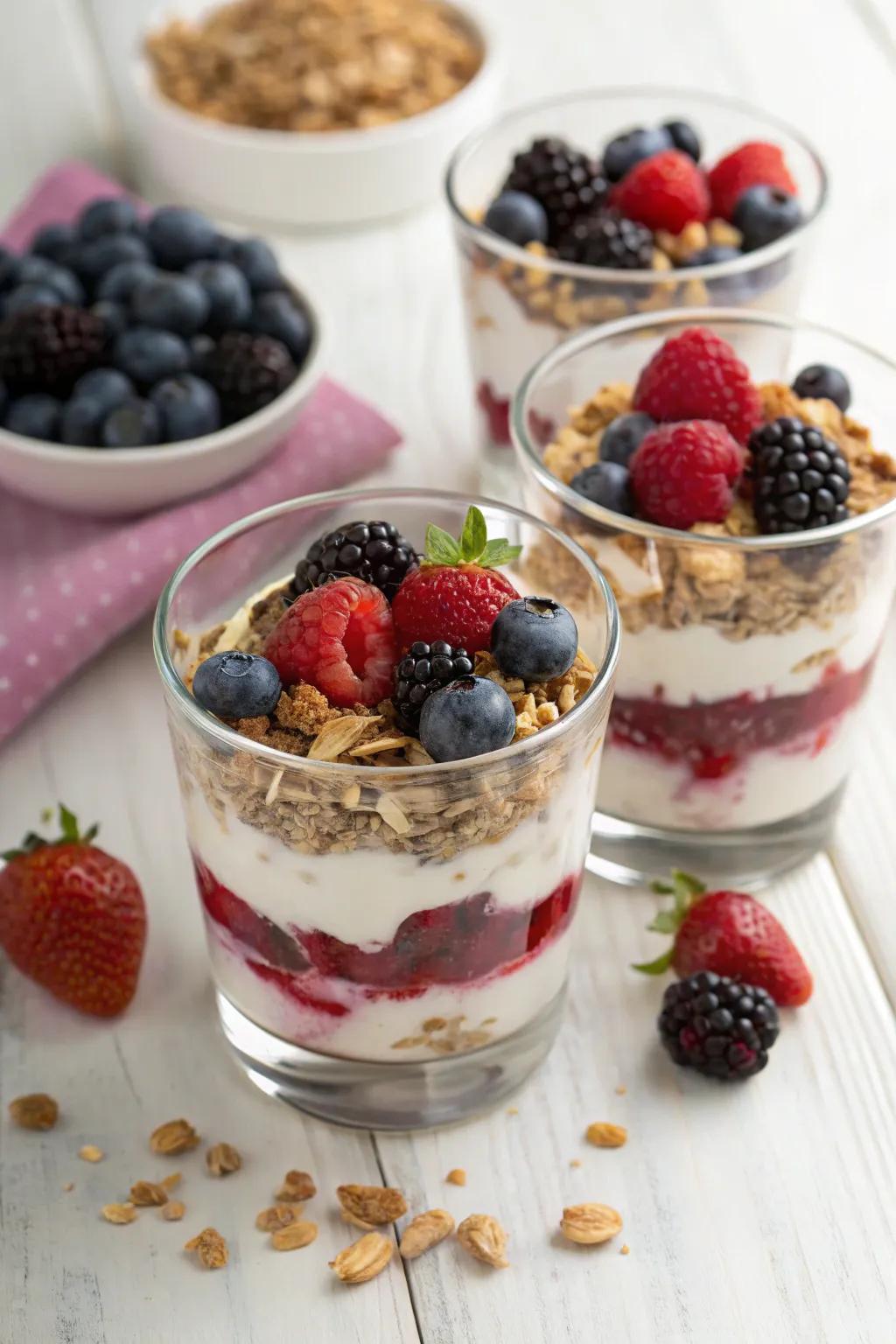 Vibrant berry sweetmeats with yogurt and granola.