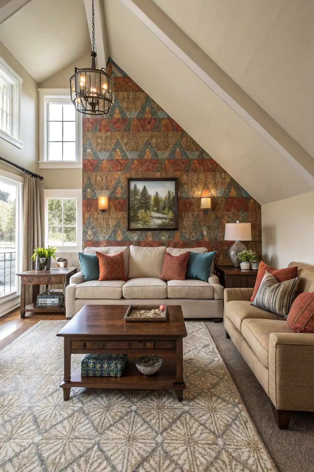 Living room featuring a vaulted ceiling and furnishings emphasizing the accent wall