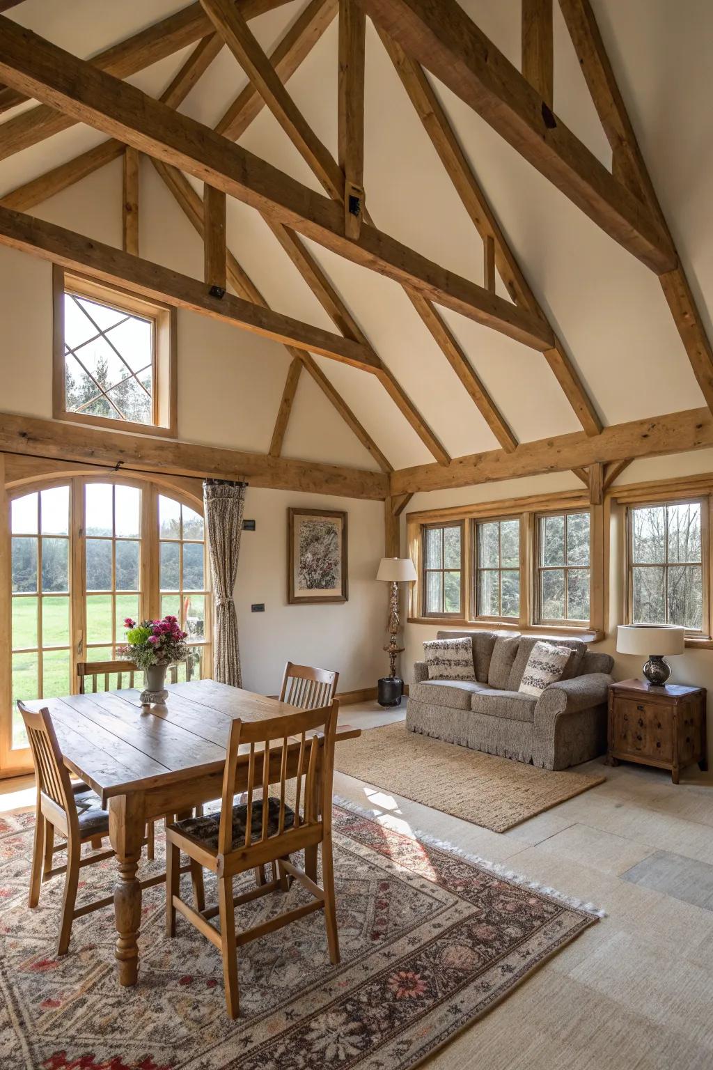 Rural warmth emanates through open timber structures accentuating a vaulted ceiling.