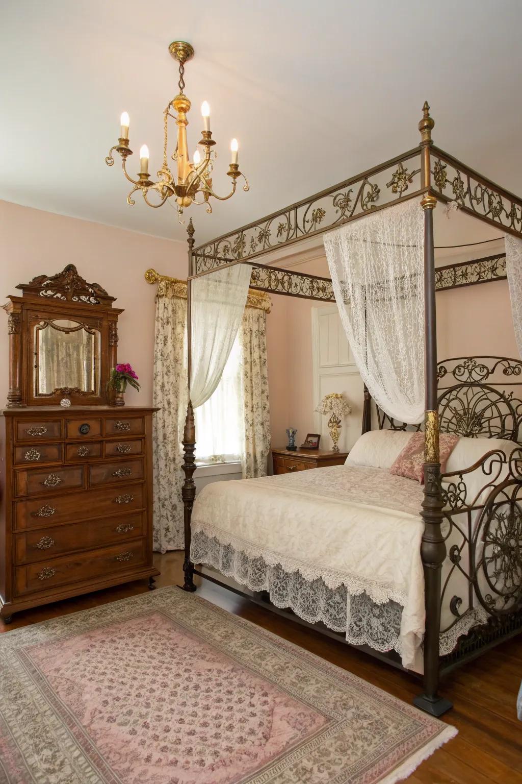 Wrought iron and gilded accents contribute historical distinctiveness to Victorian decor.