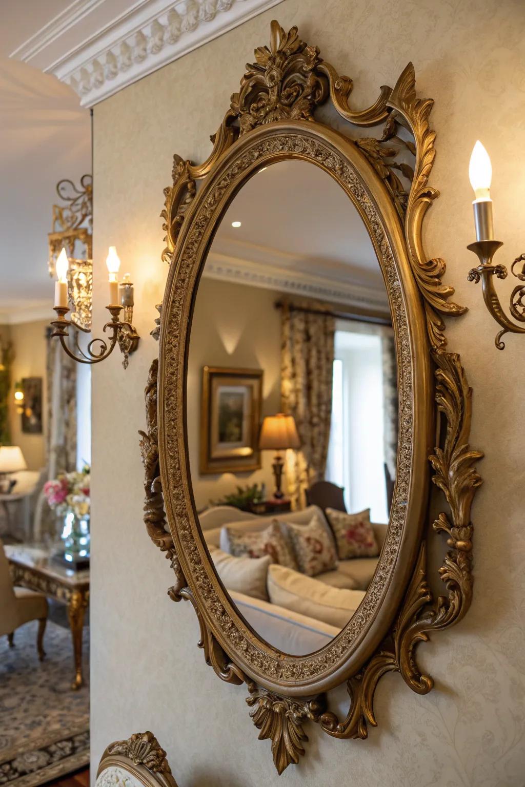An ornate vintage mirror amplifying the elegance of a living space.