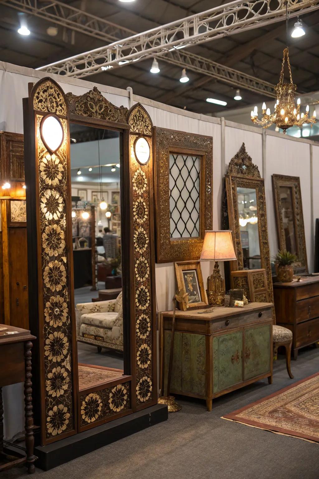 Utilizing antiquated mirrors to elevate booth displays.