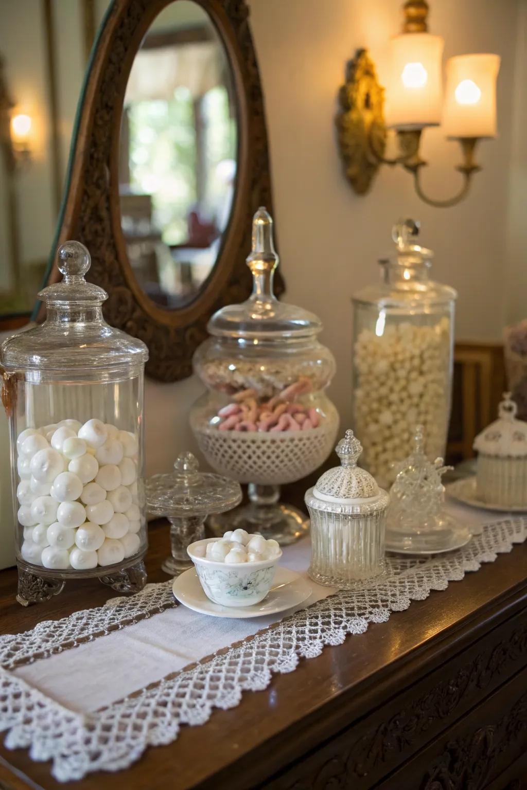 Decanter and pottery decoration heighten the yesteryear appeal of your dressing table.