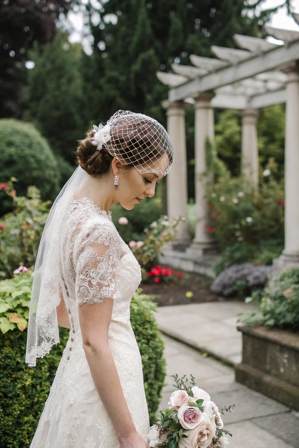 A bride gracefully adorned with a face-framing net at her wedding.