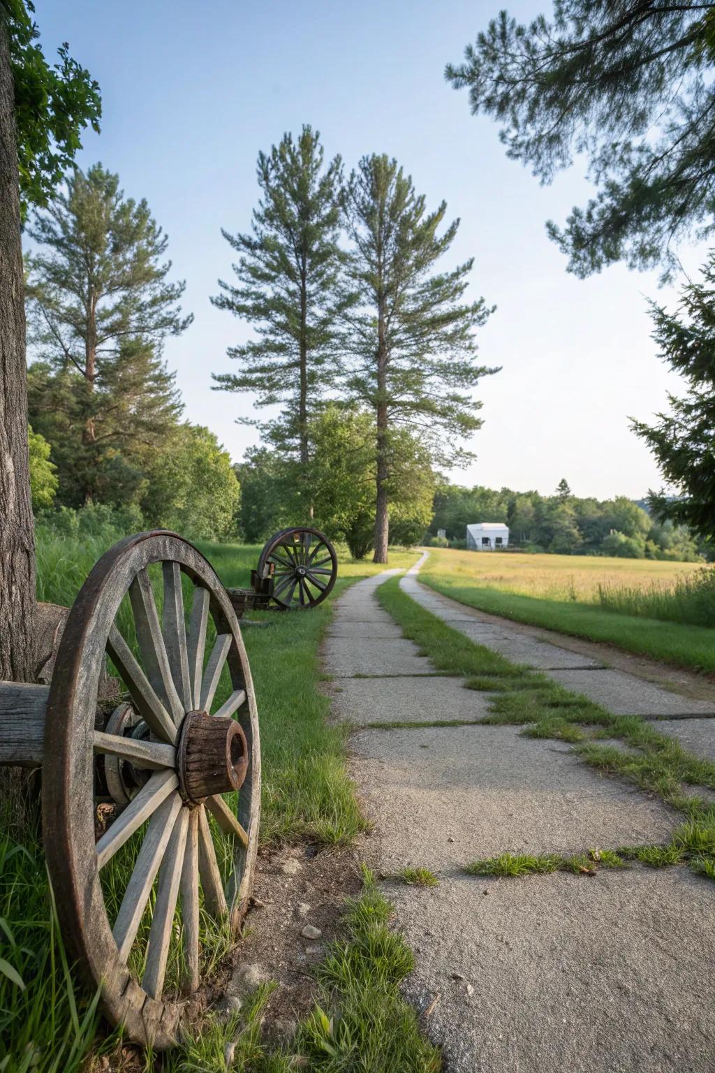 Carriage wheels elegantly marking a driveway, enhancing its countryside appeal.