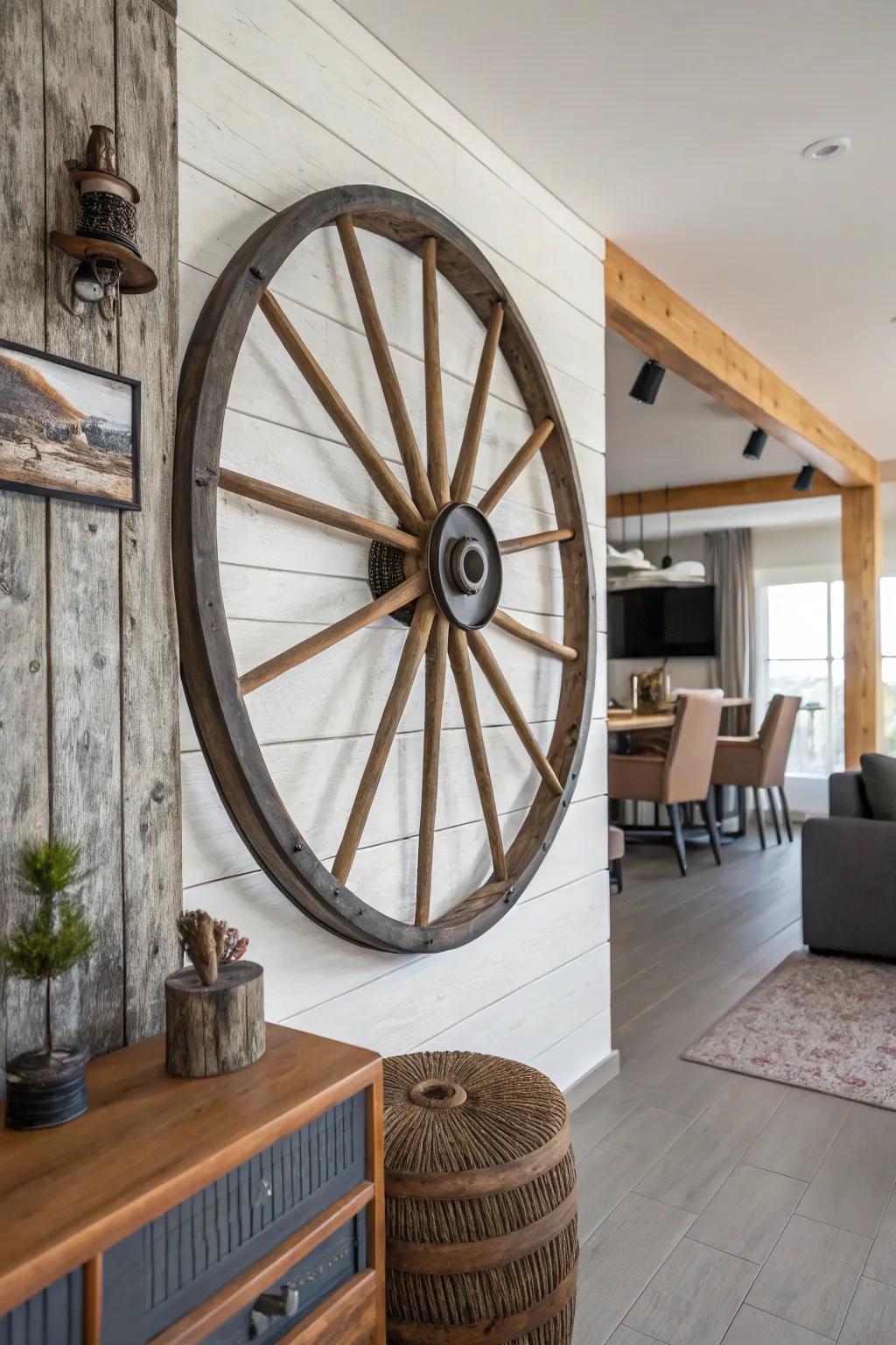 Assorted materials animate a cartwheel within this contemporary pastoral décor.