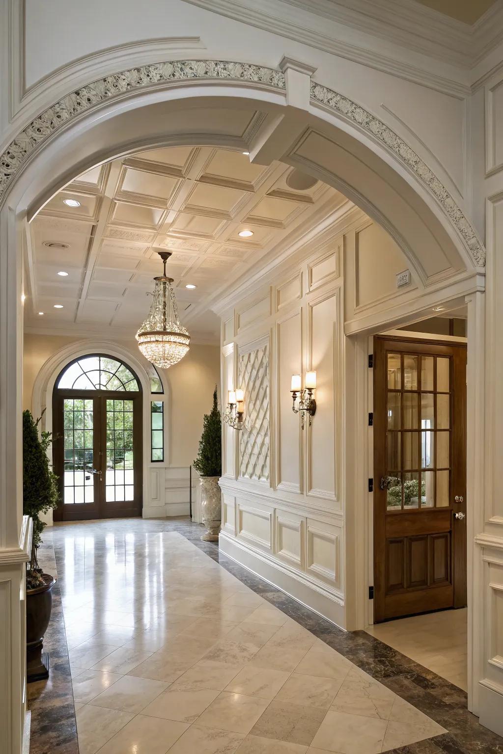 An entranceway exhibiting unified paneling alongside cornice embossment.