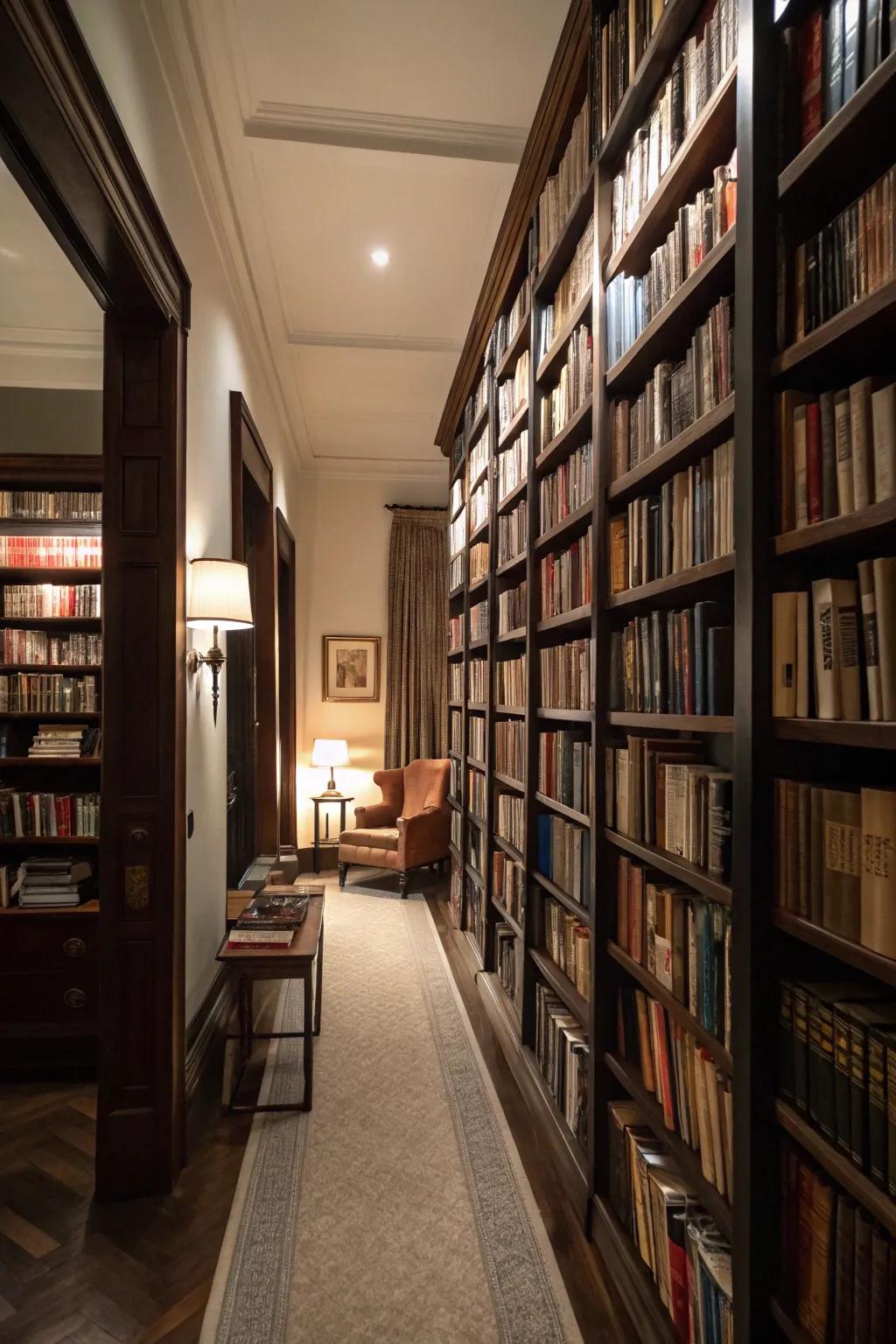 Floor-to-ceiling bookshelves establish a captivating central emphasis.