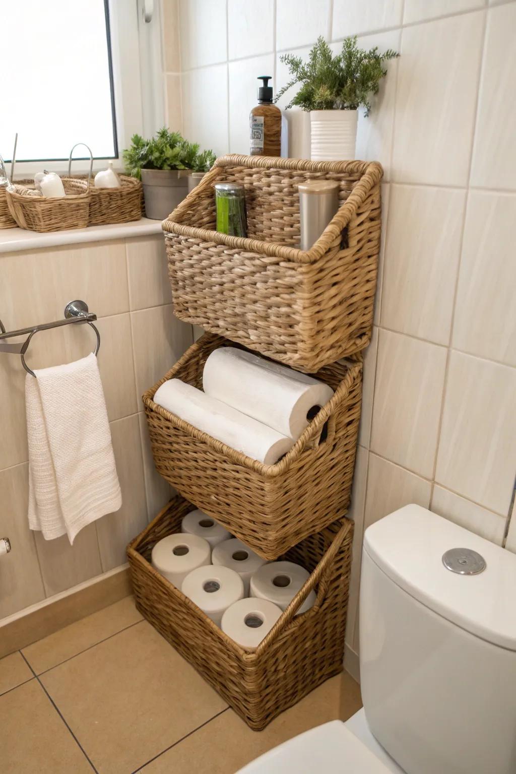 Intensify your bathroom's texture with natural fiber containers.