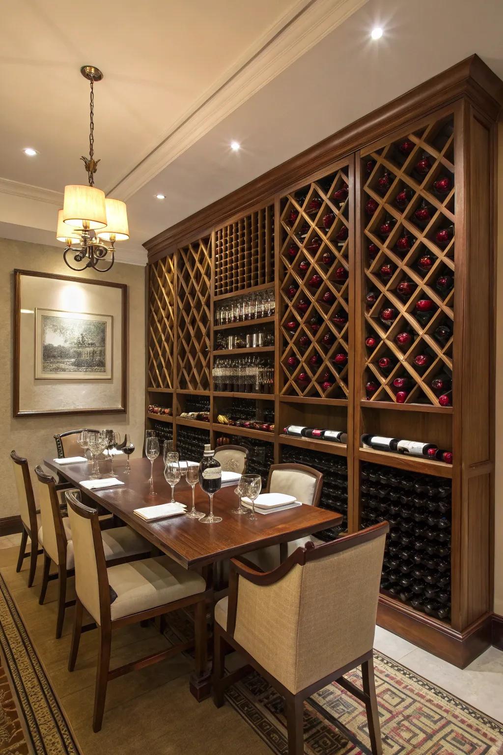 A theatrical wine rack transforms dining expanses.