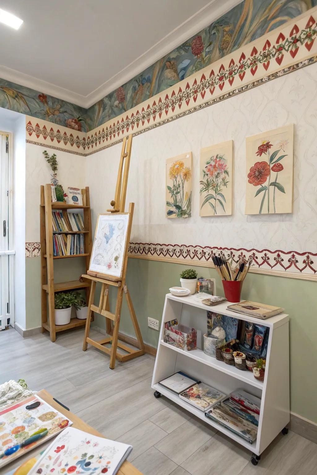 An art studio manifesting inventiveness through an artistic wallpaper border.
