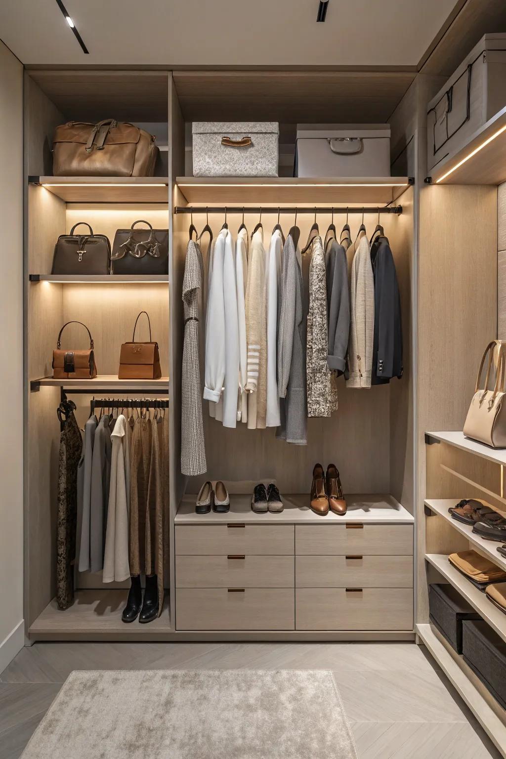 Neutral hues provide a timeless appeal in closet design.