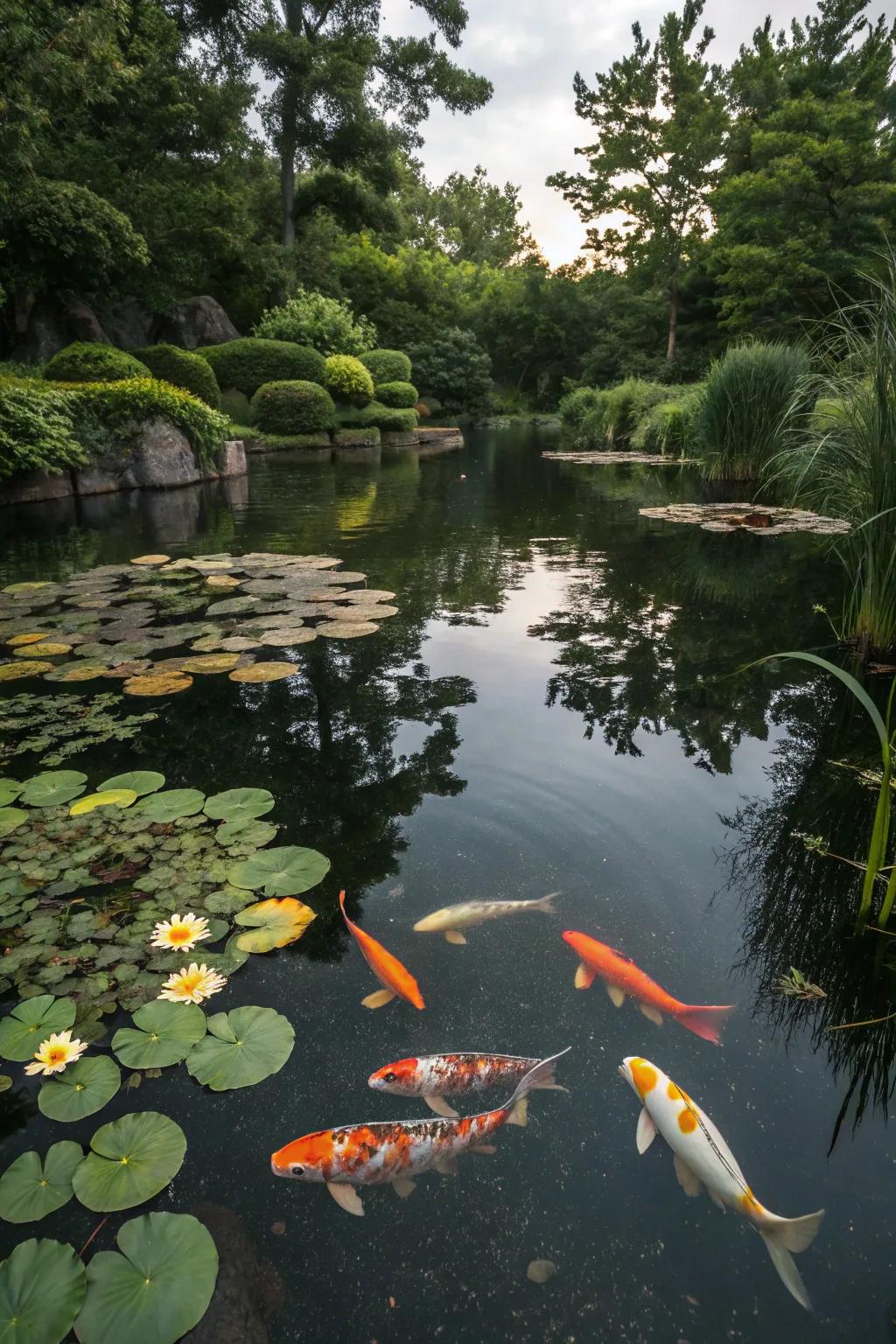 Koi fish introduce life and motion to water gardens.