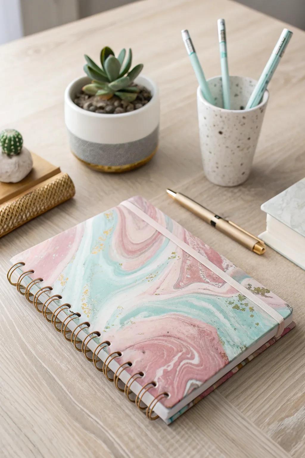 Capture your musings in vogue through a distinctive marbled compendium, imbuing your writing alcove with an artistic allure.
