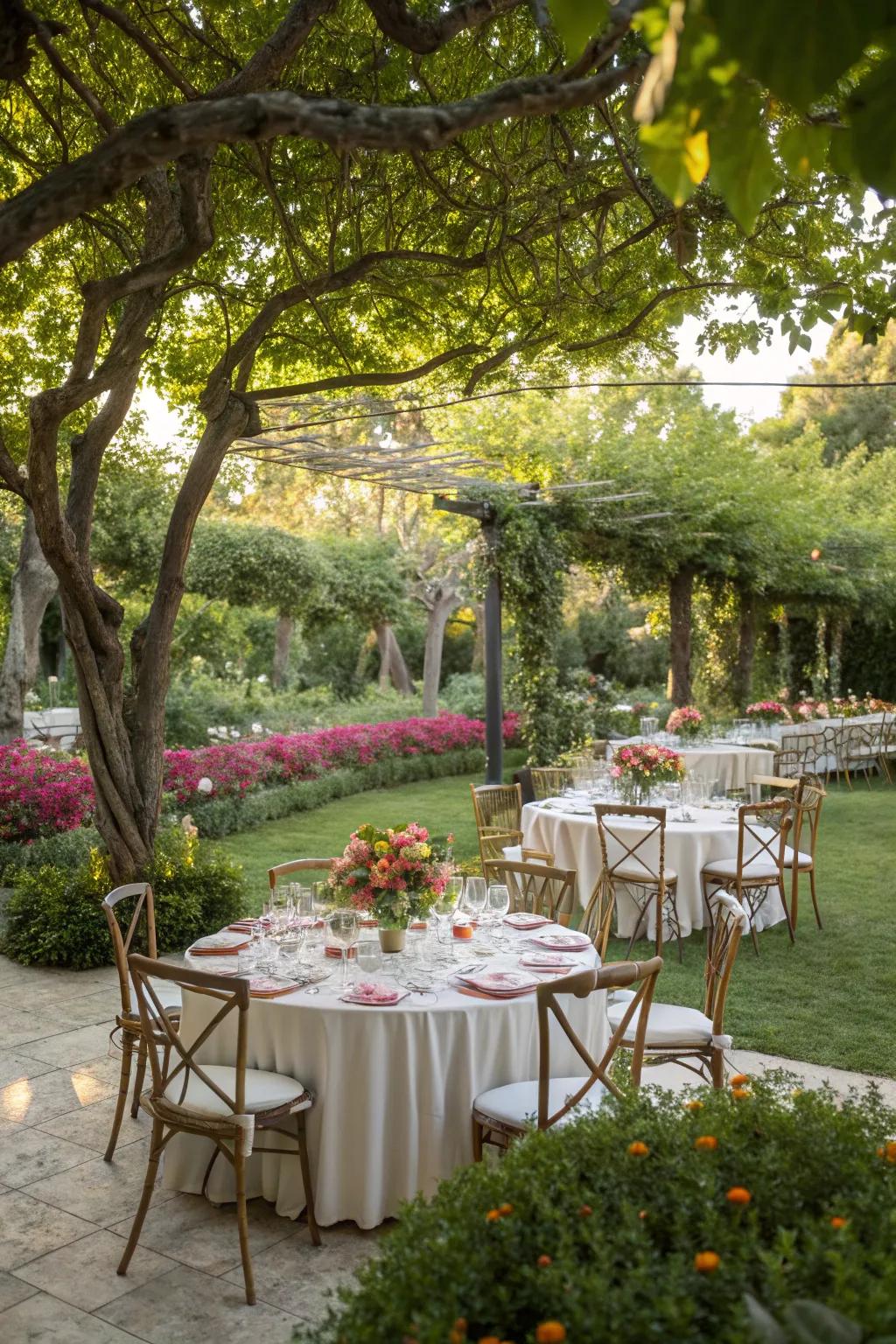 An enchanting outdoor arrangement for a wedding breakfast, nestled amidst the wonders of nature.