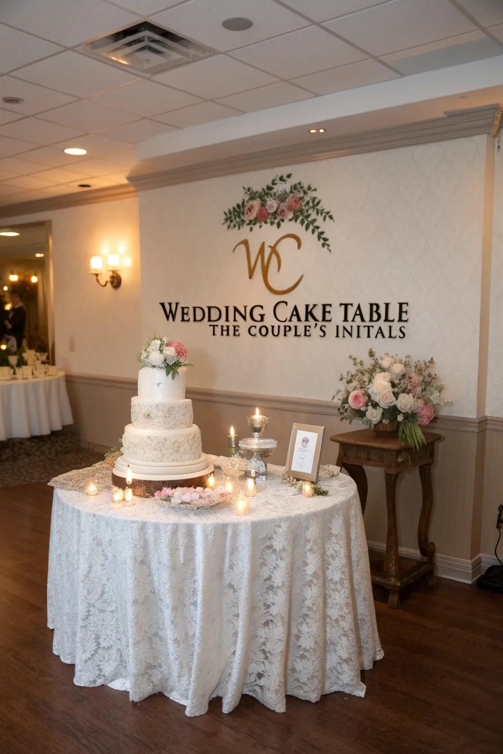 A personalized wedding cake table with custom signage.