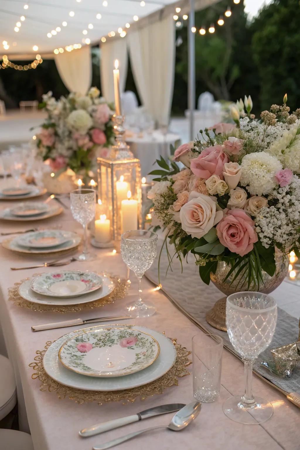 A unified table design showcasing floral arrangements and coordinating tableware, fostering an inviting ambiance.