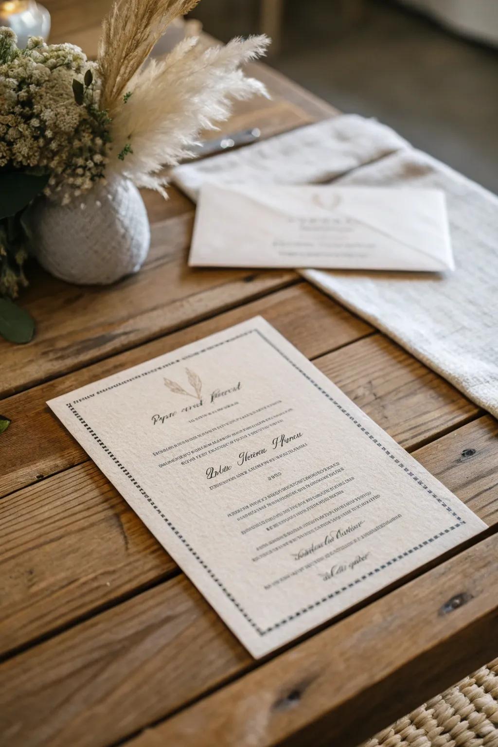 An invitation featuring a linen-textured backdrop positioned upon a timber table.