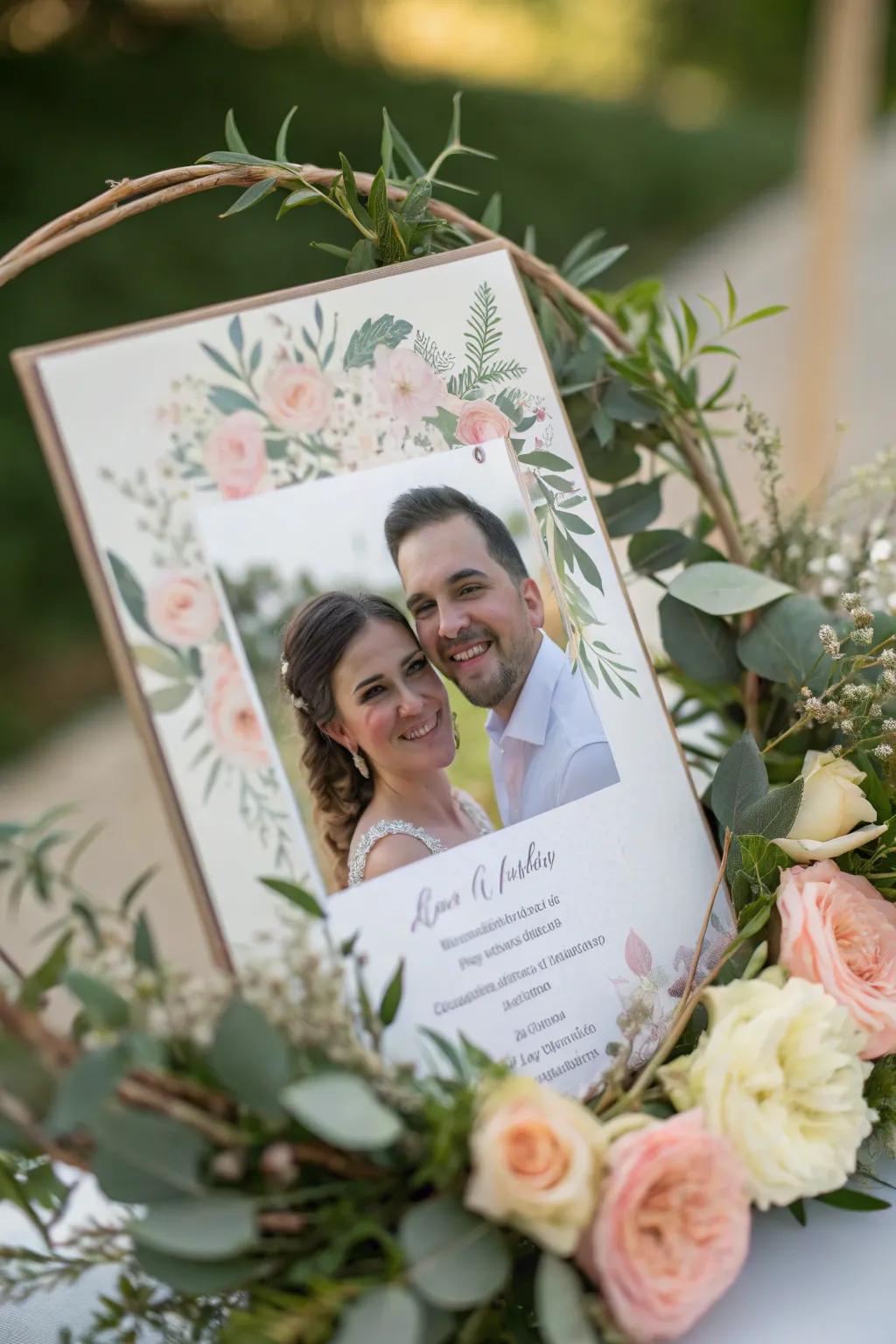 Customized wedding announcement featuring a couple's photograph.