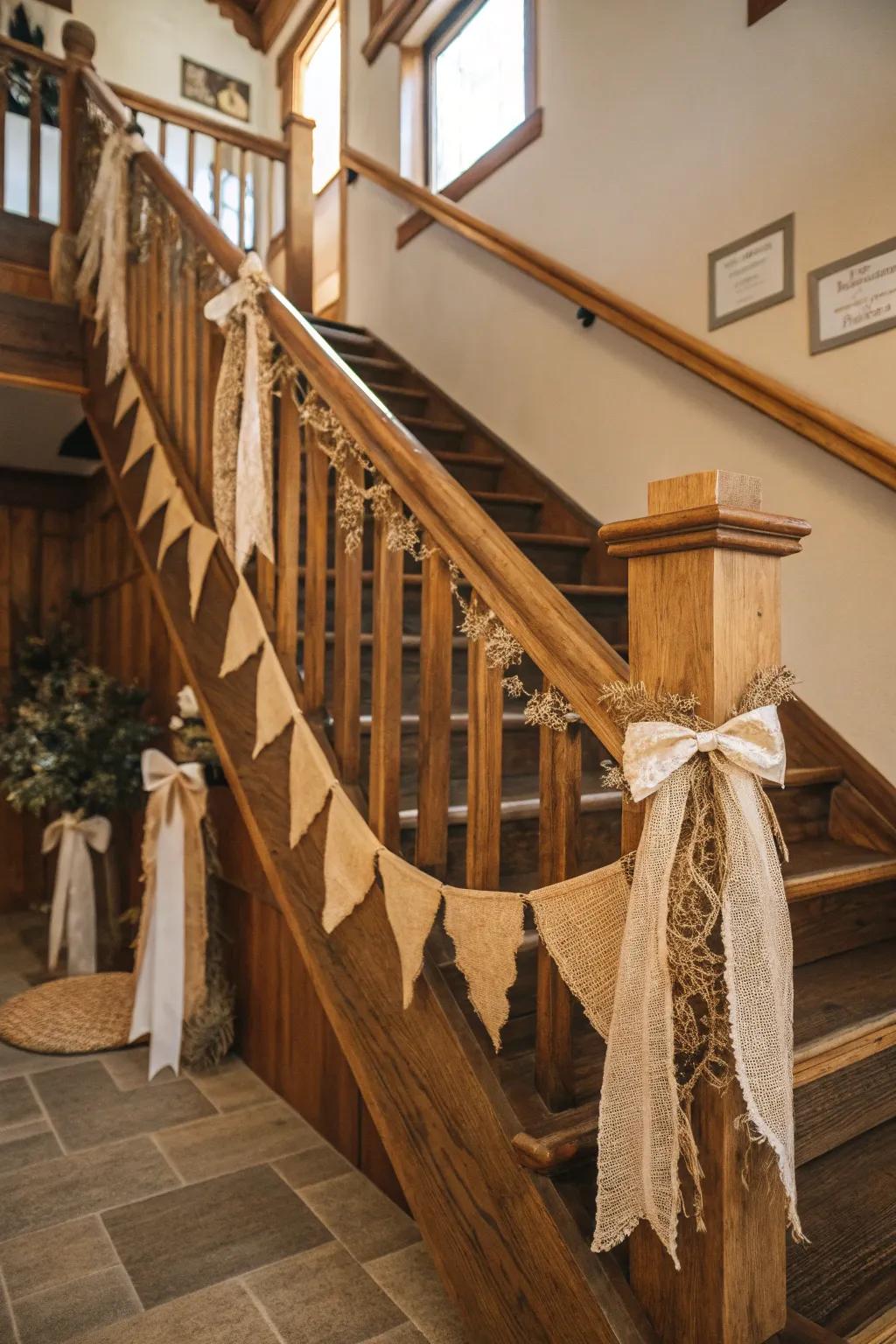 Homespun timber accents and coarse woven fabric impart a welcoming allure to this stairwell.