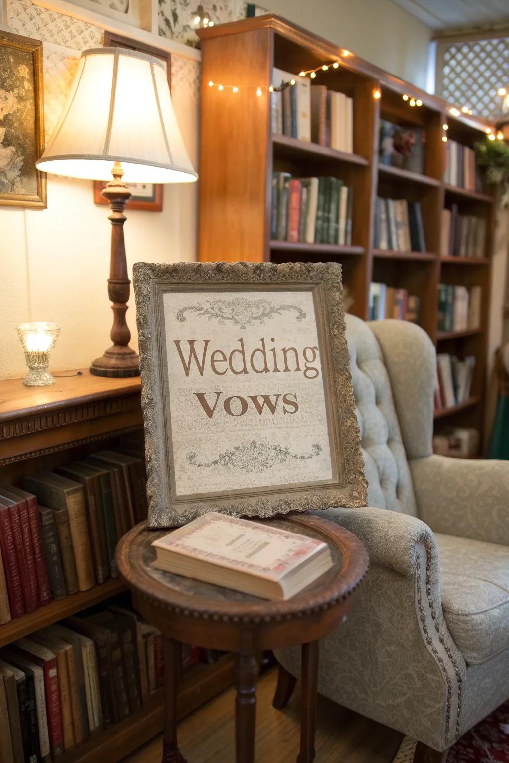 Nostalgic vows depicted via a vintage writing mechanism in a snug reading space.