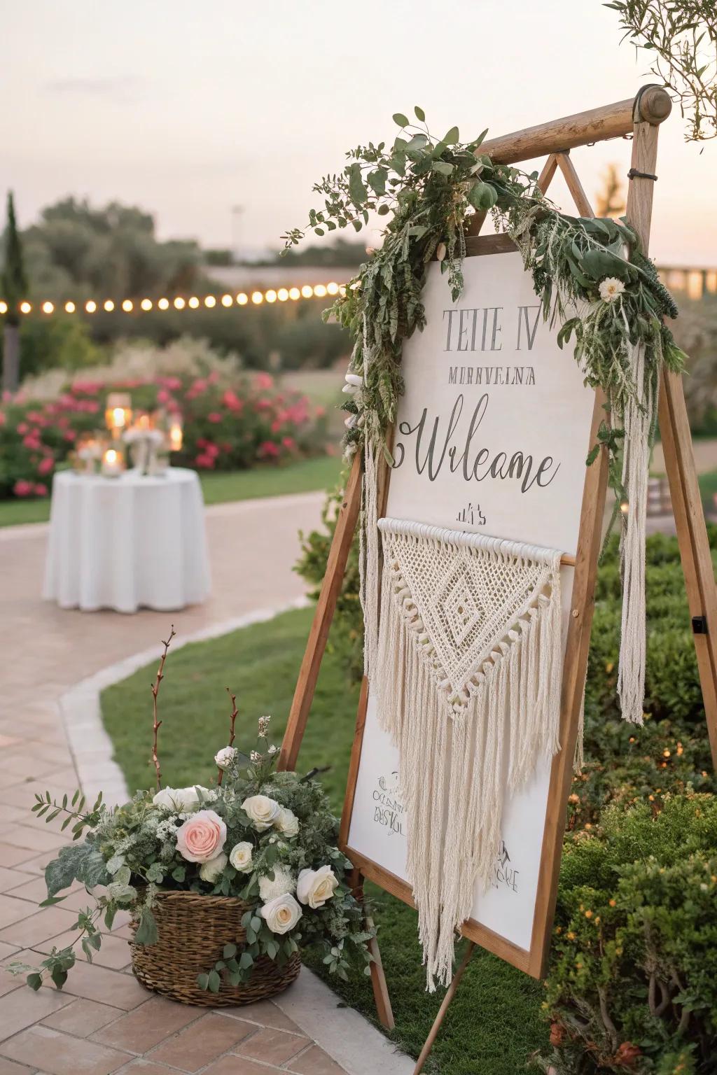 A bohemian refined greeting plaque with knotted cord and verdure, suitable for an outdoor wedding.