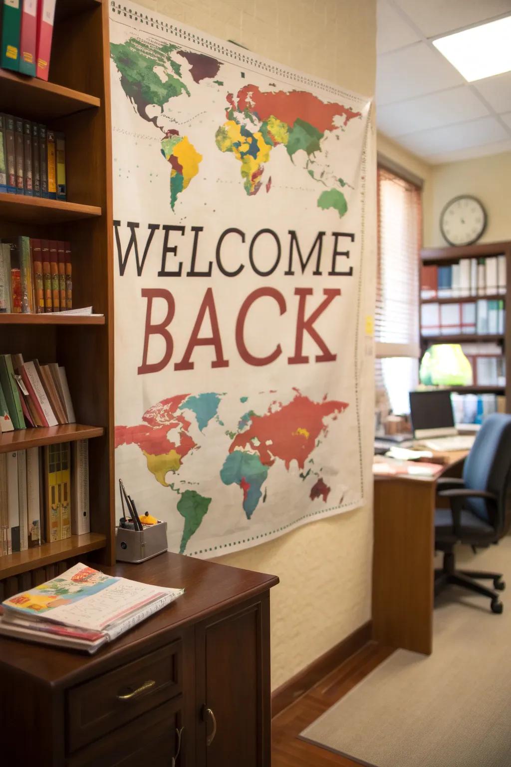 A global map-themed poster appends a cosmopolitan imprint to a study room.
