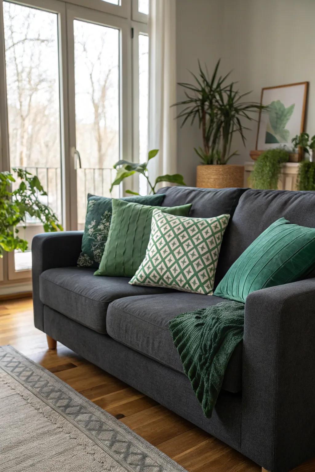 Forest hued cushions introduce a fresh and natural feel on a dark grey sofa.