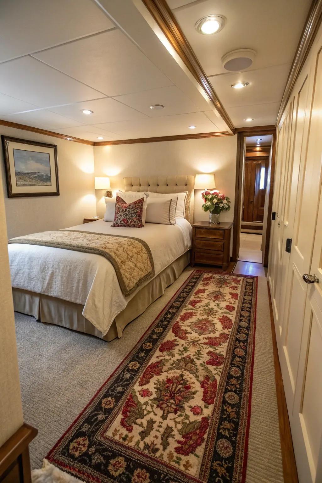 Hallway floor coverings render a chic and utilitarian resolution in tight sleeping chamber arrangements.