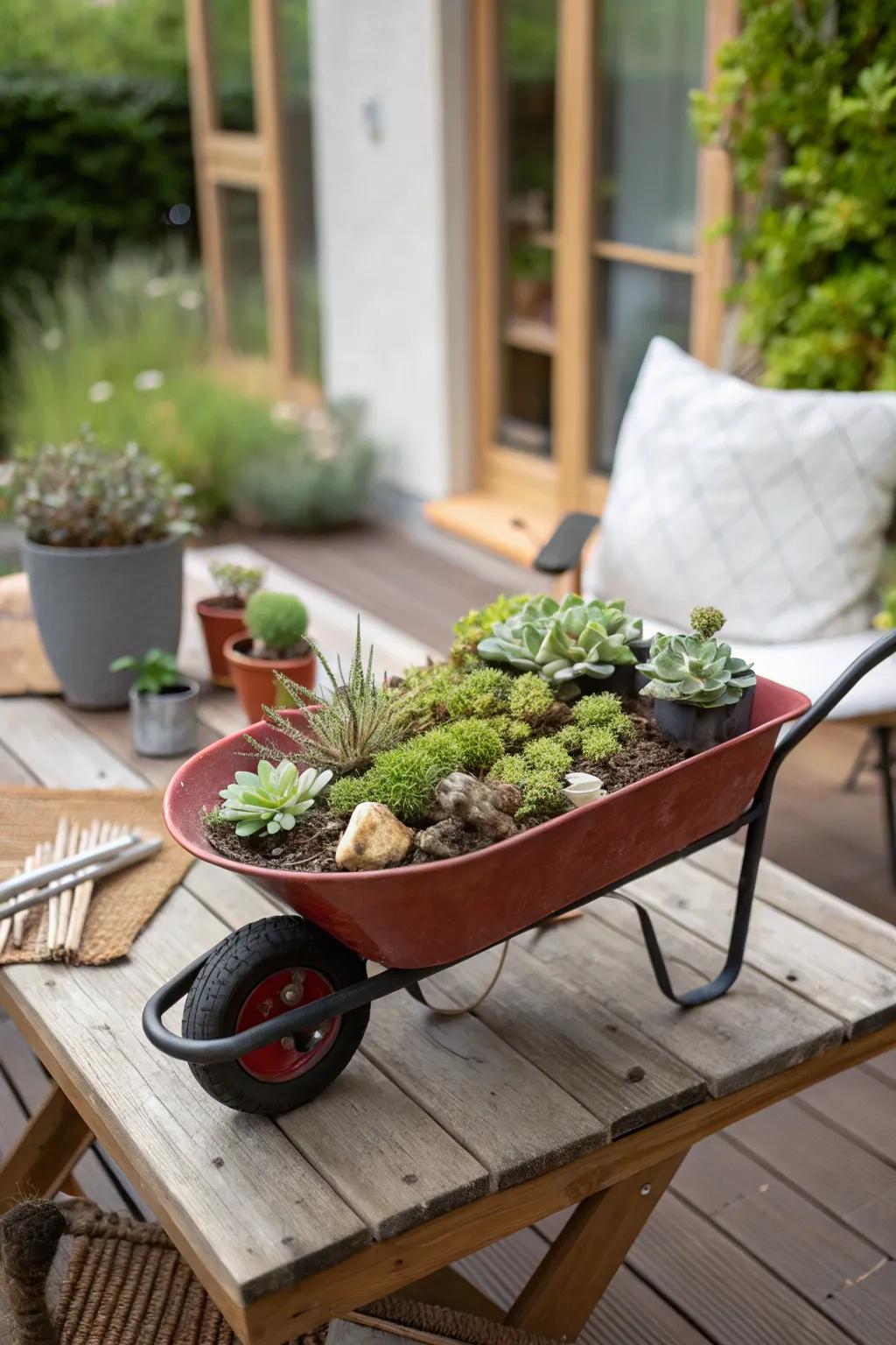 An endearing miniature wheelbarrow planter for enhancing small spaces.