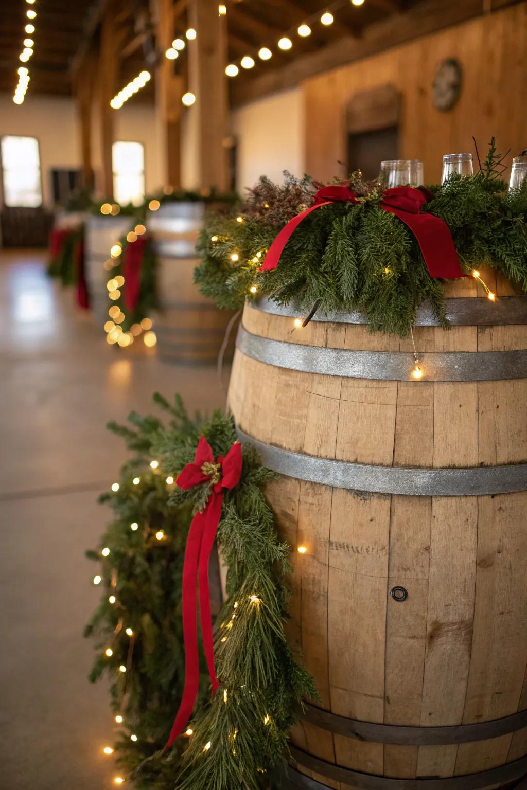 An adaptable salvaged liquor cask display with festive illumination for any occasion.