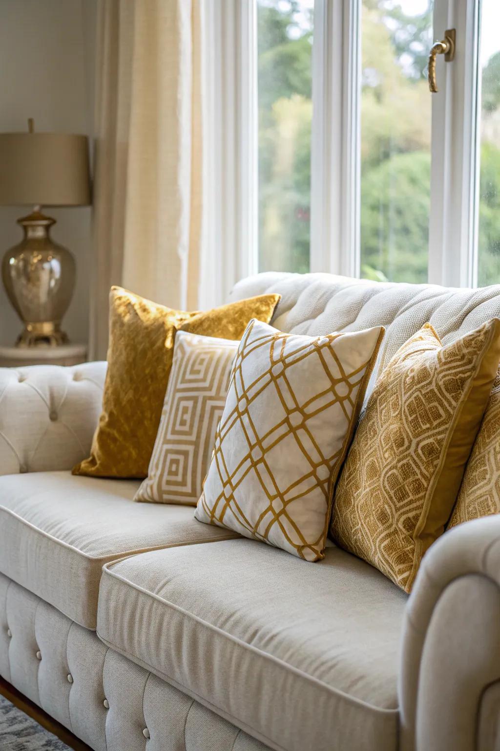 Cushions in gold and white add comfort and style effortlessly.