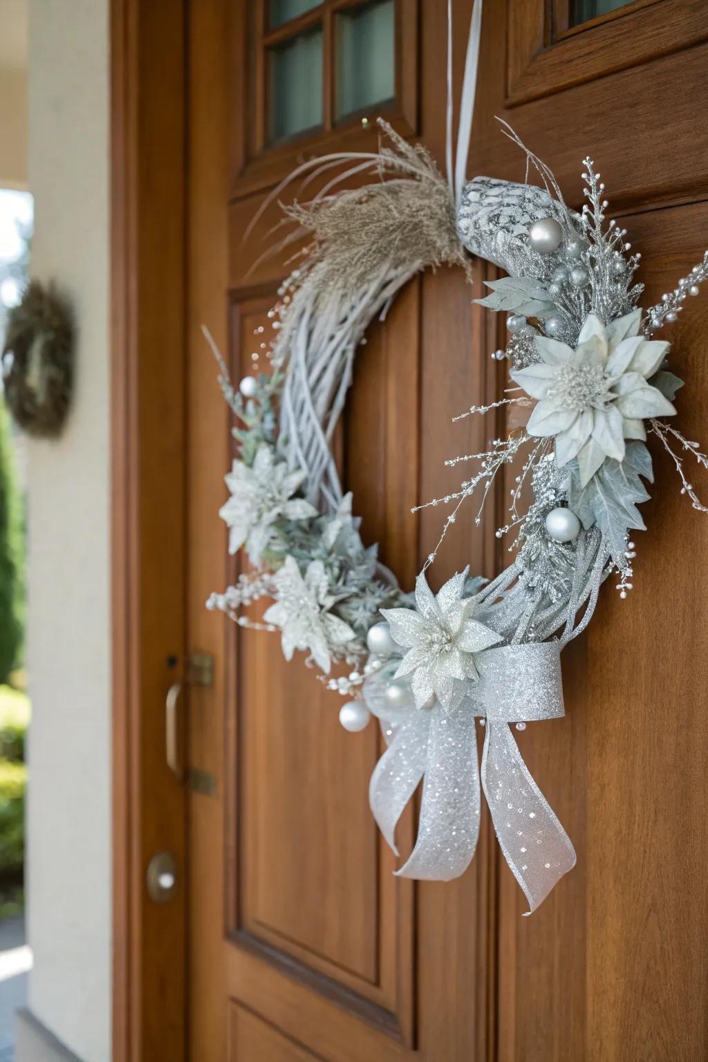 Extend a warm reception to your guests with an aesthetically captivating silver and white wreath.