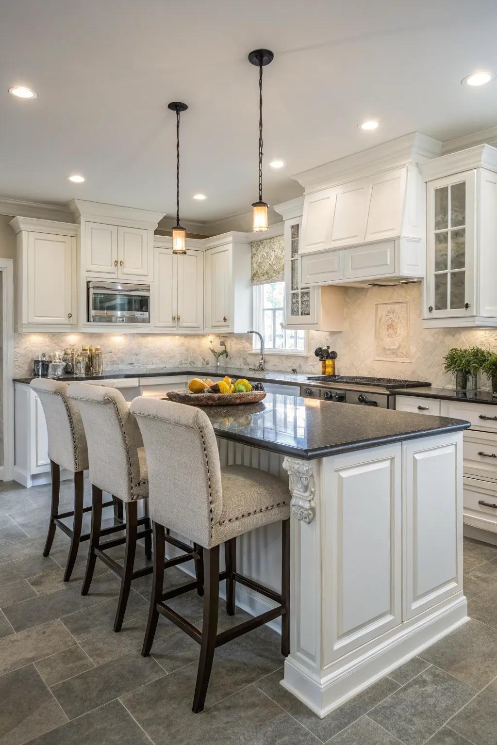 A functional layout with an island boosts kitchen usability.