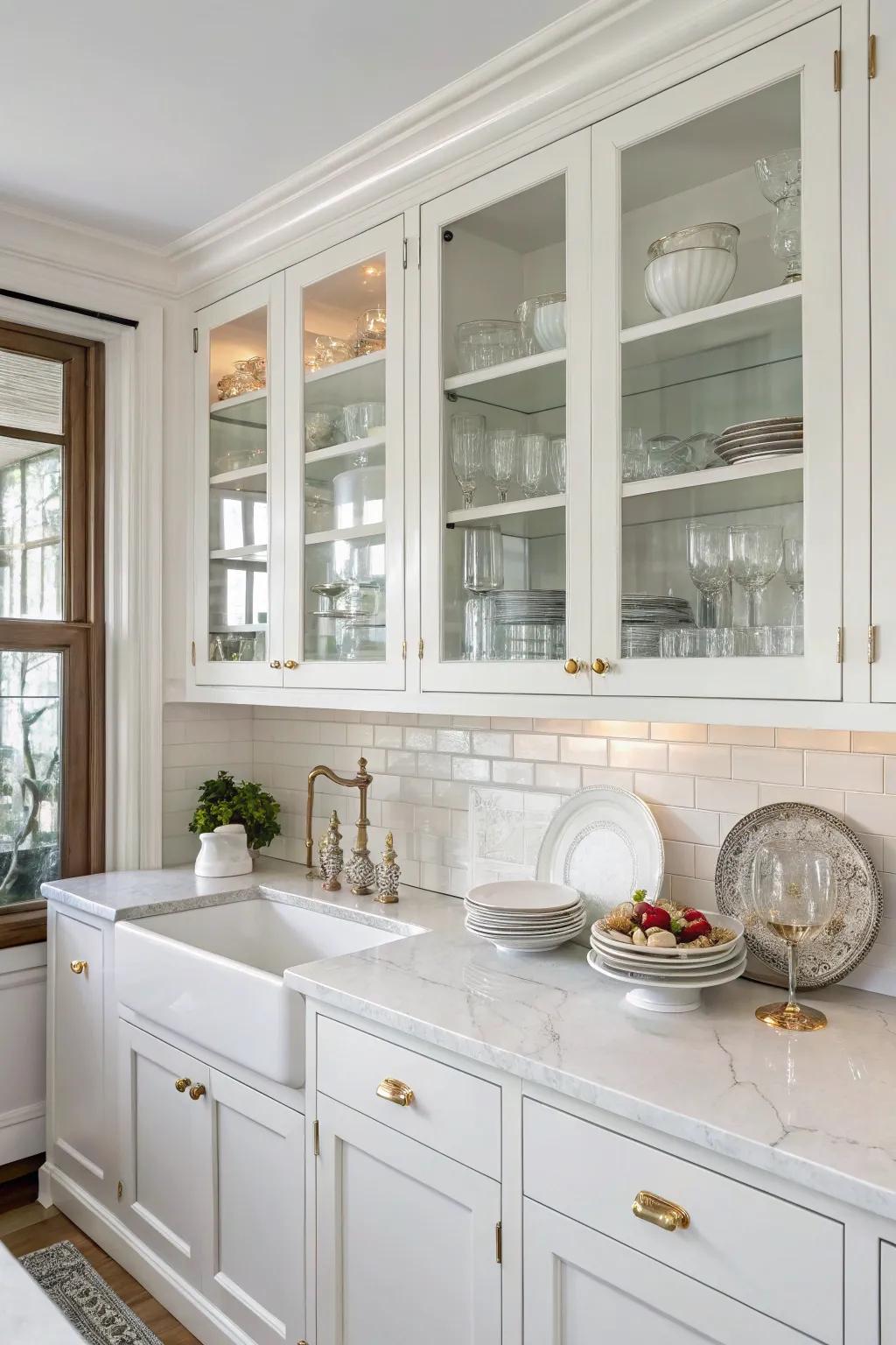 Glass front cabinets elegantly display dishware, adding dimension to the kitchen.