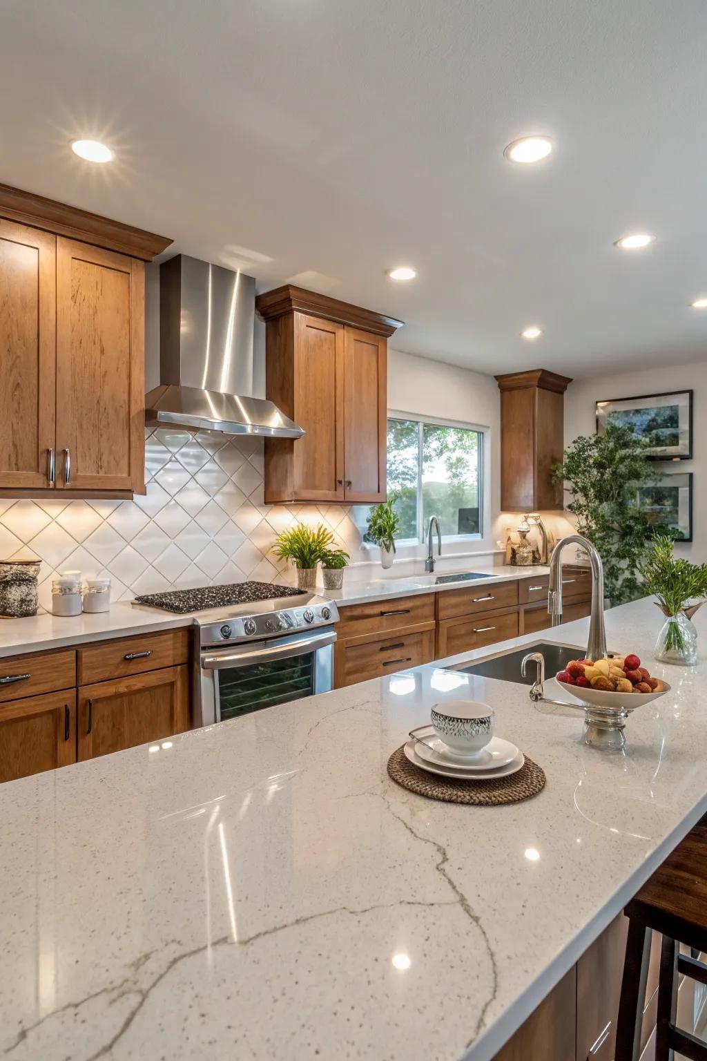 Quartz backsplash utilized as a striking creative surface in the kitchen.