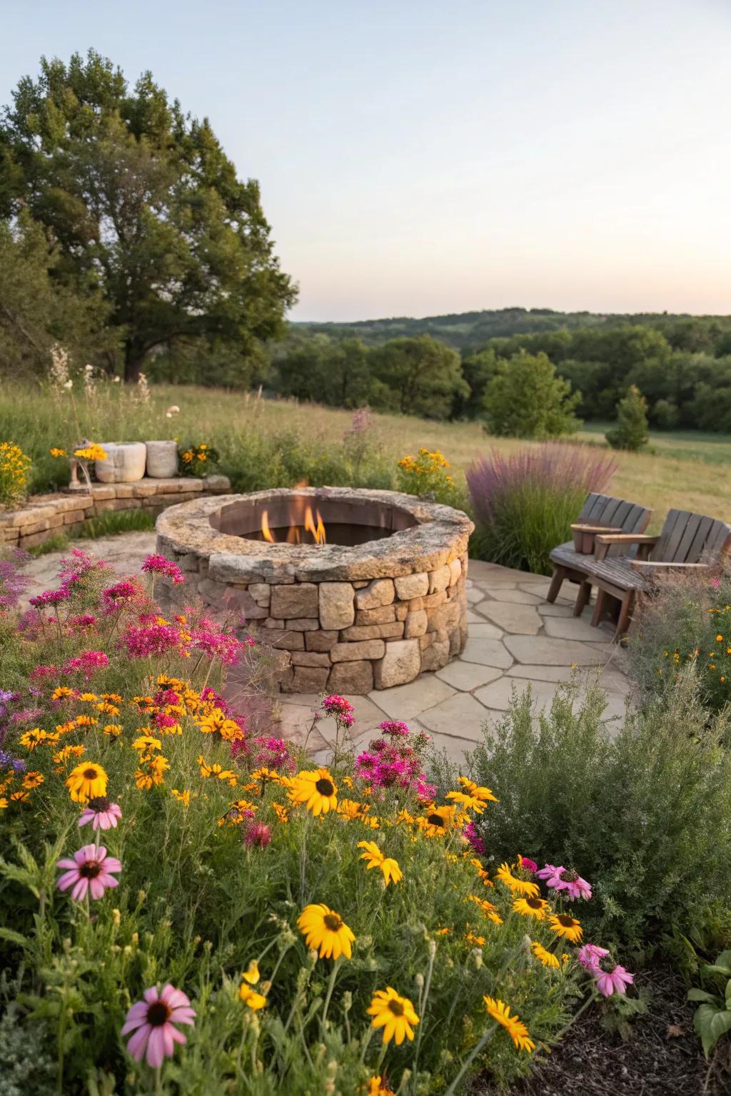 A comfortable bonfire area bordered by colorful wildflowers.