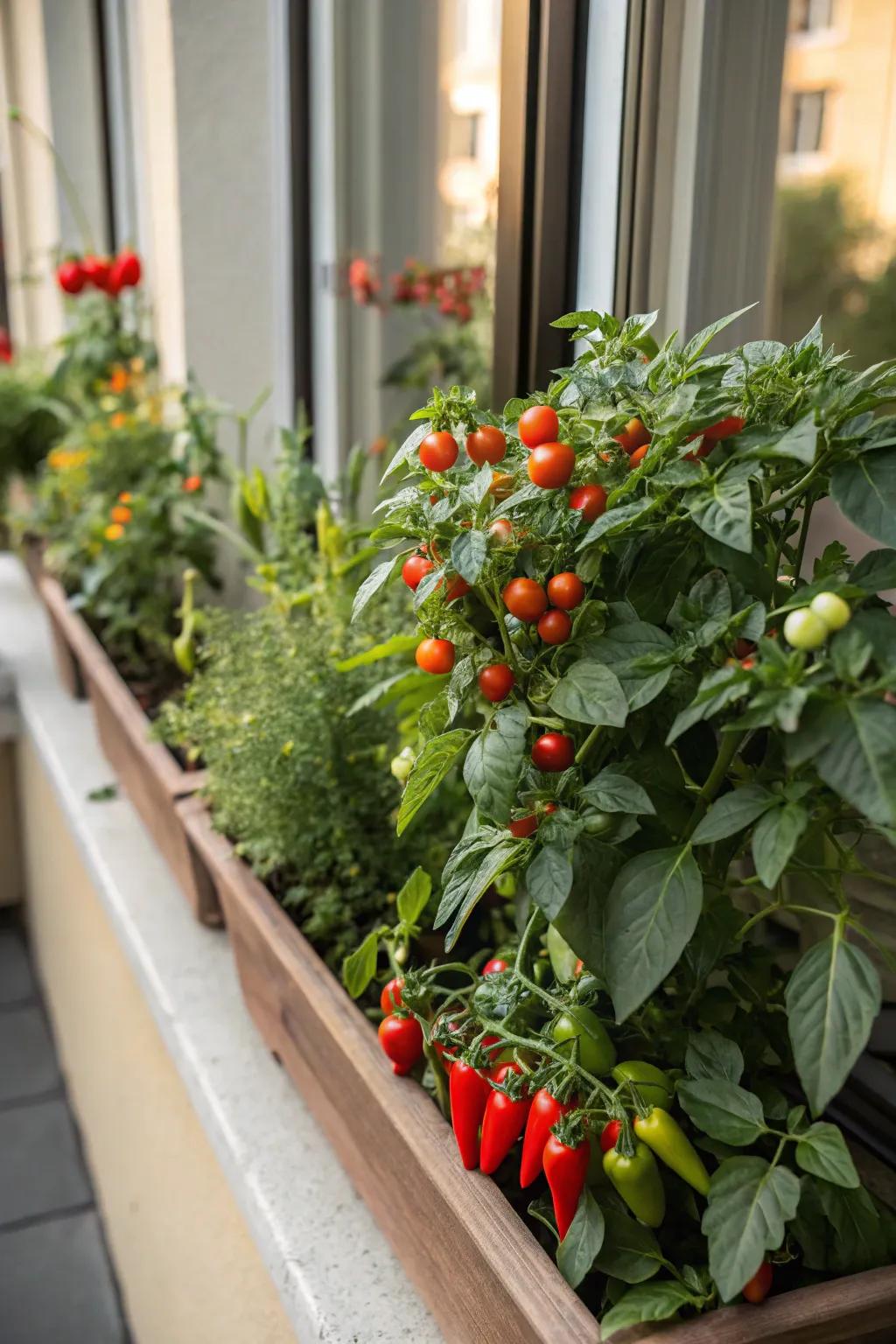 A plentiful window box featuring cherry tomatoes and peppers