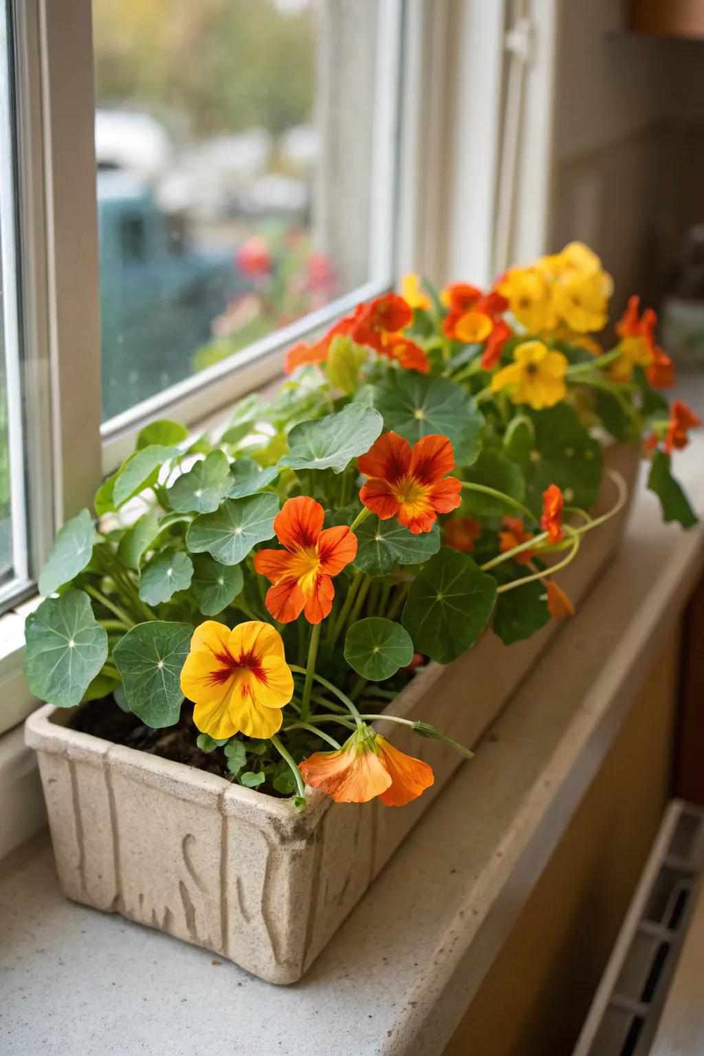 Edible nasturtiums contributing color and functionality.
