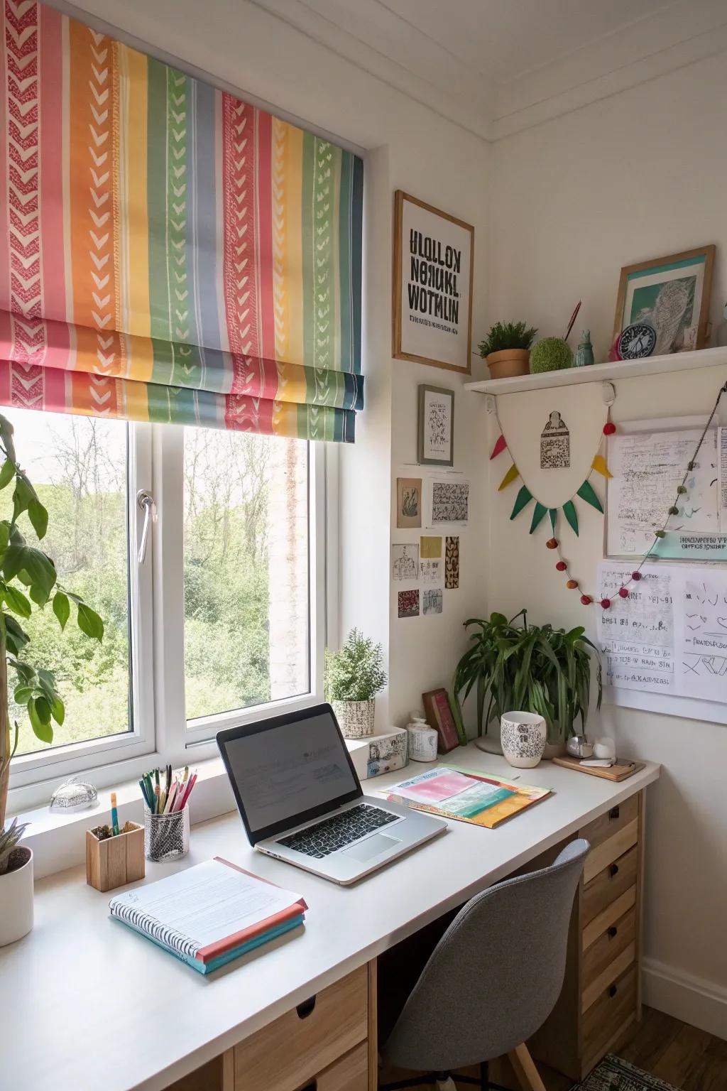 Colorful roller window treatments can inject an energetic dash to your workplace.